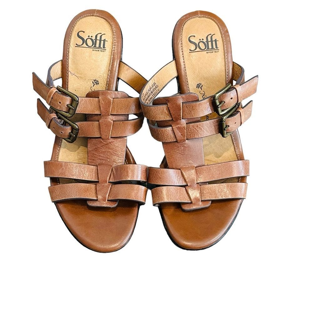 Sofft Tan Leather Strappy Buckle Heels - Size 7.5